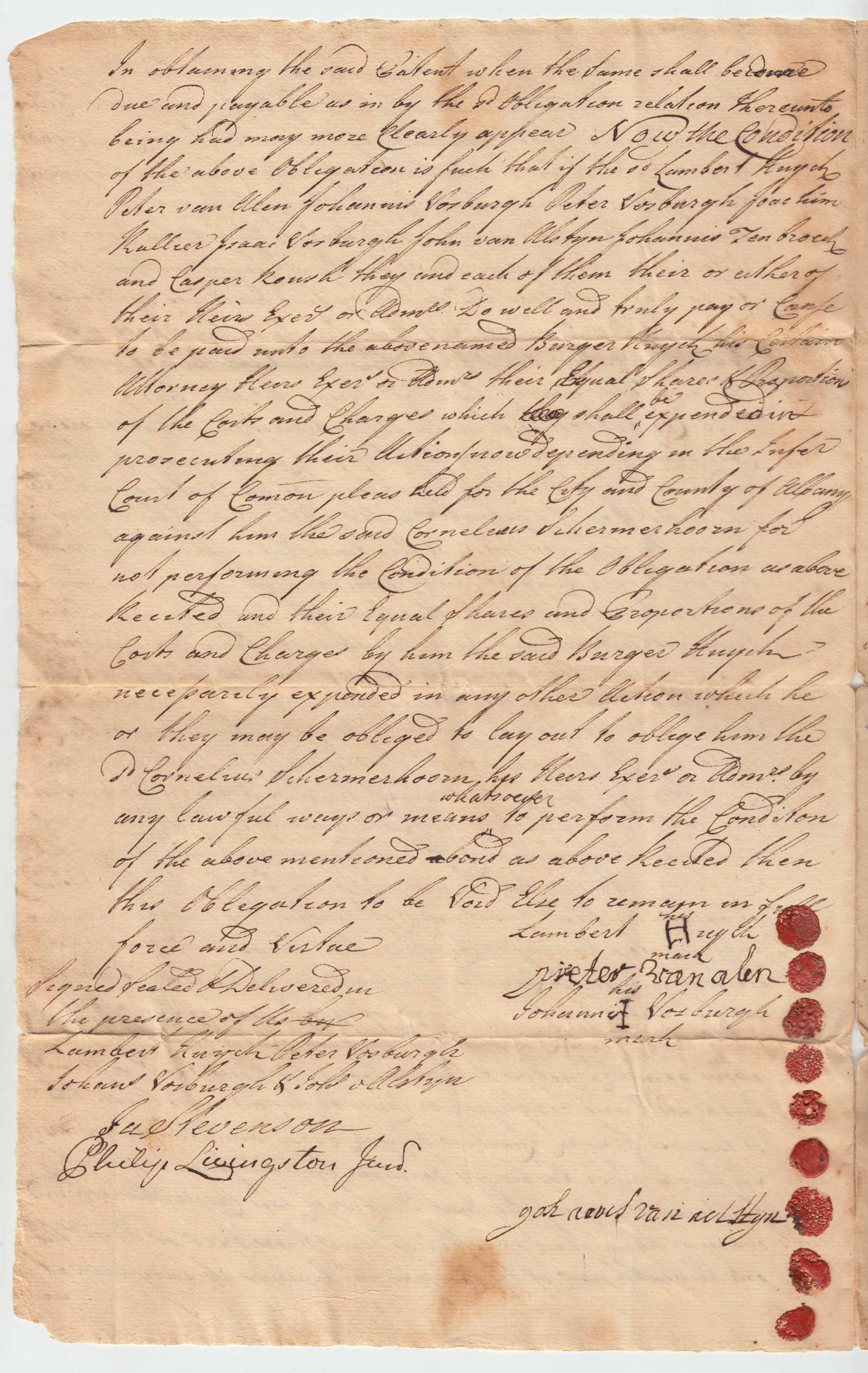 BH010 1739-06-20 Litigation Bond, Huyck Patentees vs. Cornelius Schermerhoorn, Witnessed by Philip Livingston Jr., rev left